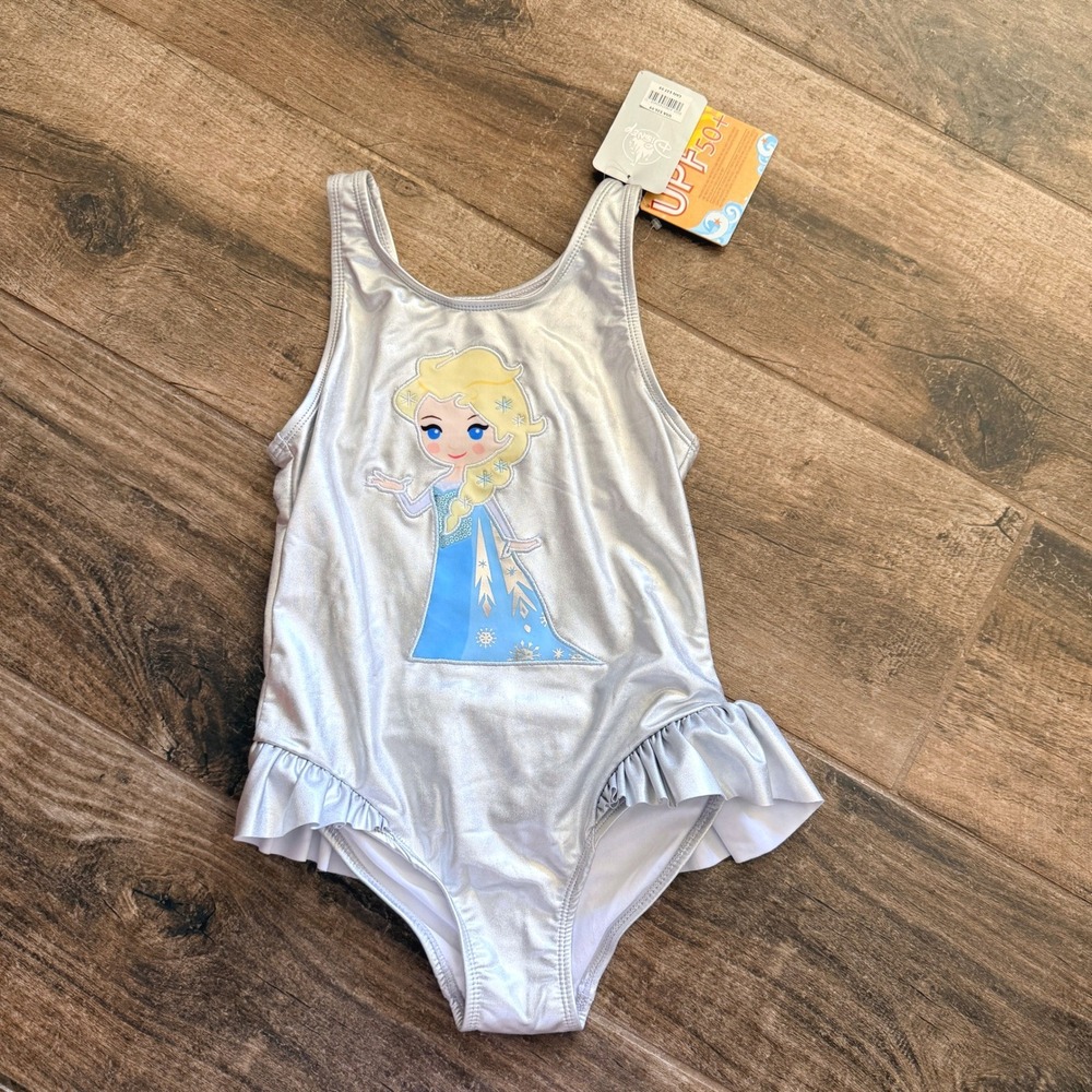 Disney Store Elsa Frozen Shimmering One Piece UPF 50+ Swimsuit, Blue Silver,10